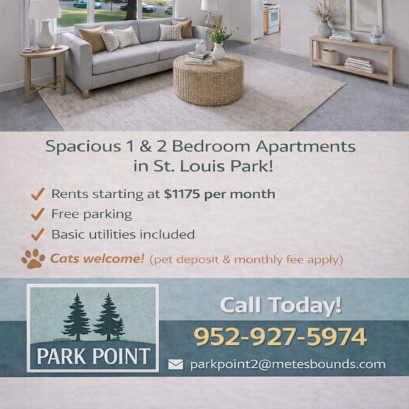 a flyer advertises a 1 month free trial for a 1 & 2 bedroom apartment in st. louis park, with rent starting at $1175 per month, free parking, and basic utilities included.