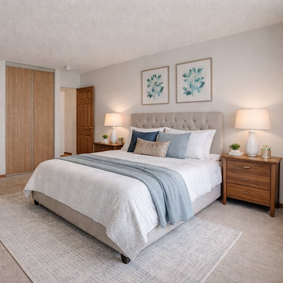 a bedroom with a large bed, a nightstand, and a dresser.