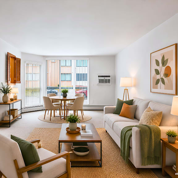 a living room with a couch, chairs, and a coffee table.