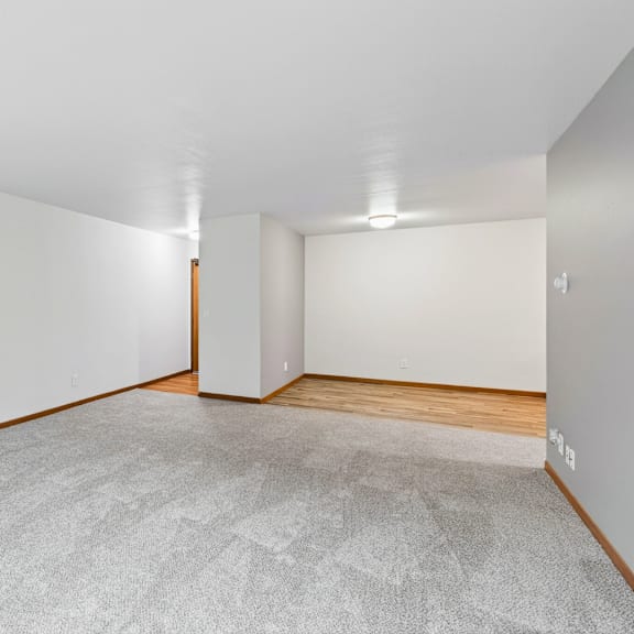 a room with a grey carpet and wooden floor.