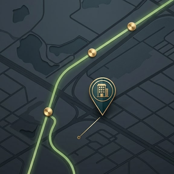 a map with a route highlighted and a location pin with a building icon.