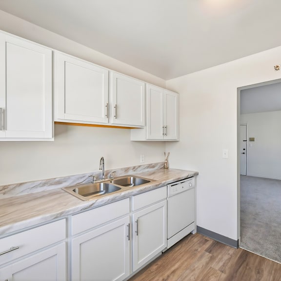 a kitchen with white cabinets and a marble countertop.