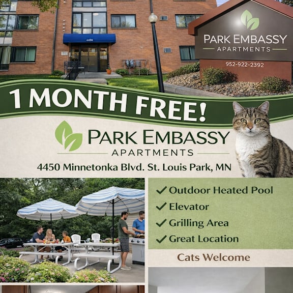 an advertisement for park embassy apartments, offering a one-month free stay.