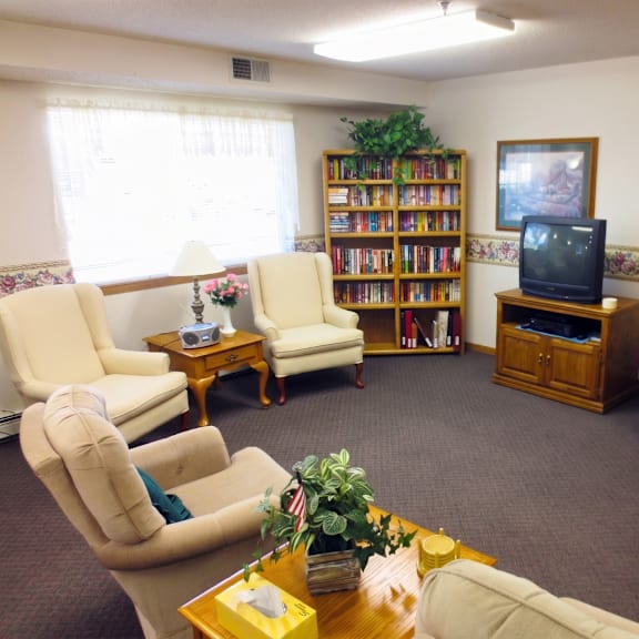 a living room with a television, a bookshelf, and a couch.