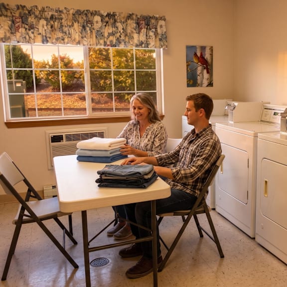 a man and woman sitting at a table with washing machines behind them.