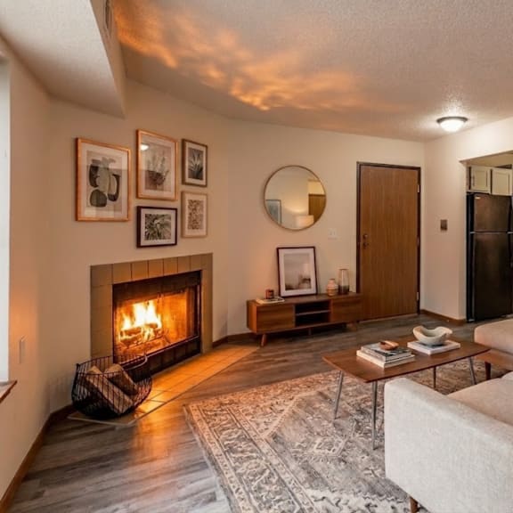 a living room with a fireplace and a couch.