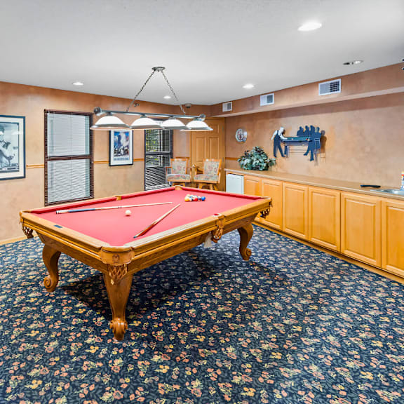 a pool table in a room with a blue carpet.