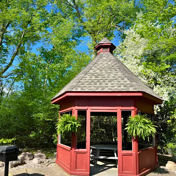 a red gazebo with a black roof is surrounded by trees.