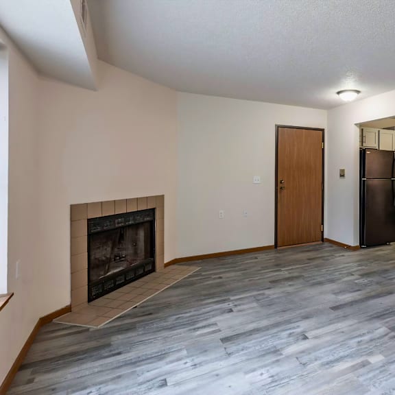 a living room with a fireplace and a kitchen area in the background.