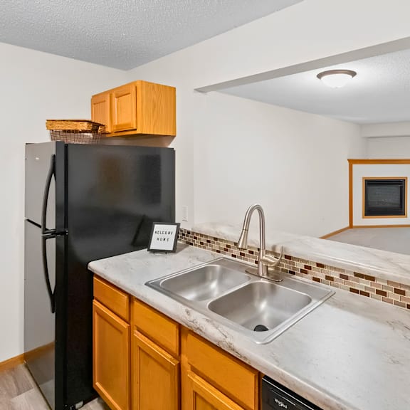 a kitchen with a black fridge and a marble countertop.