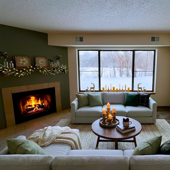 a cozy living room with a fireplace and a view of a snowy landscape outside.