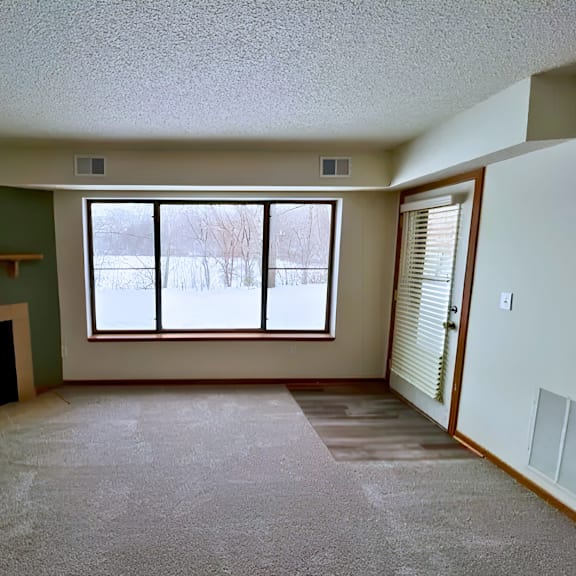 a room with a fireplace and a window.