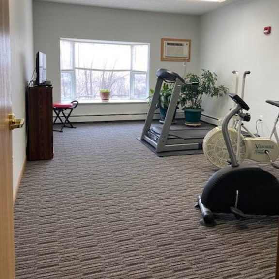 a room with a treadmill, exercise bike, and television.
