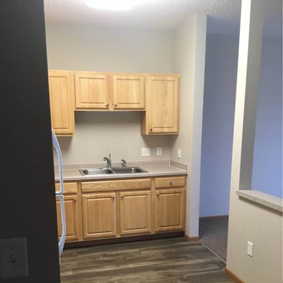 a kitchen with wooden cabinets and a sink.