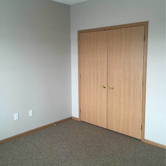 a room with a brown door and grey carpet.