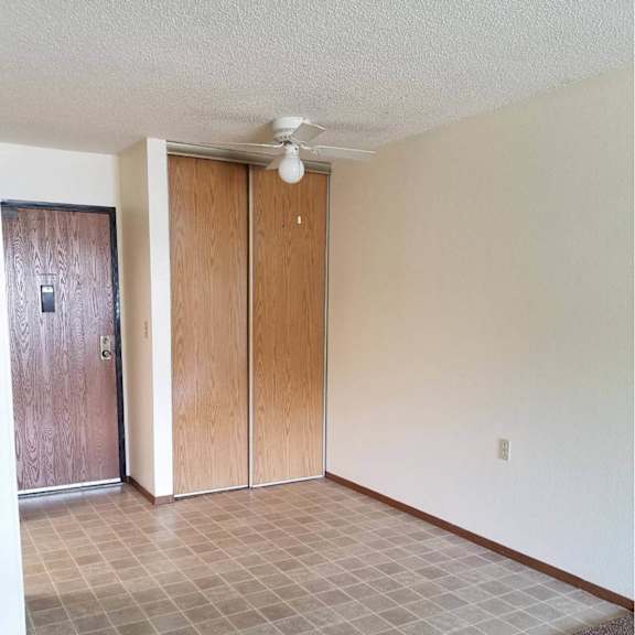 a room with a carpeted floor and a ceiling fan.