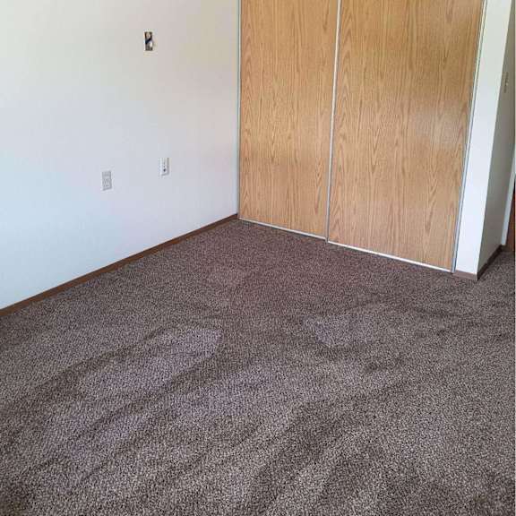 a room with a brown carpet and a wooden door.