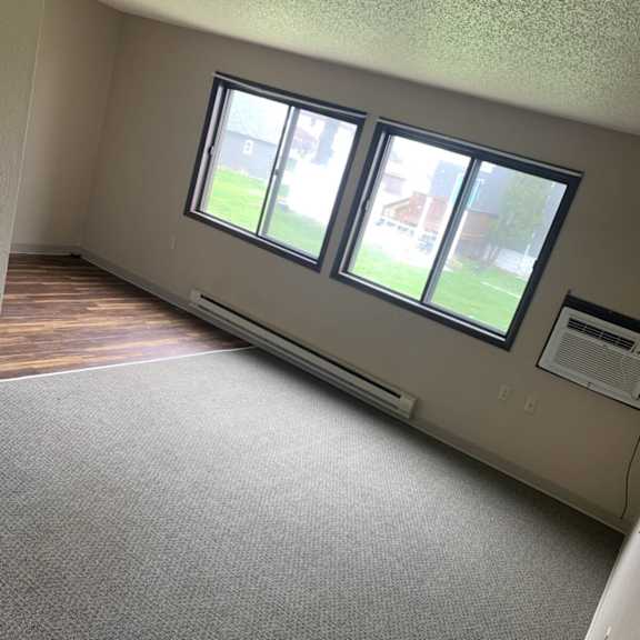 a room with a grey carpet and three windows.