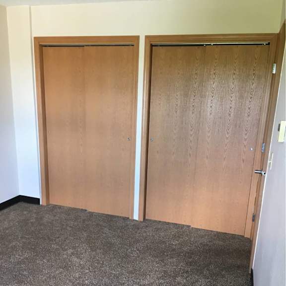 a room with two brown doors and grey carpet.