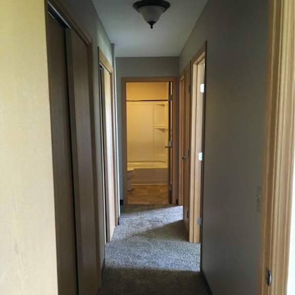 a hallway with a carpeted floor and a light on the ceiling.