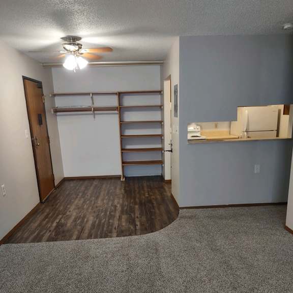 a room with a carpeted floor and a ceiling fan.