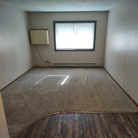 a room with a window and a carpeted floor.