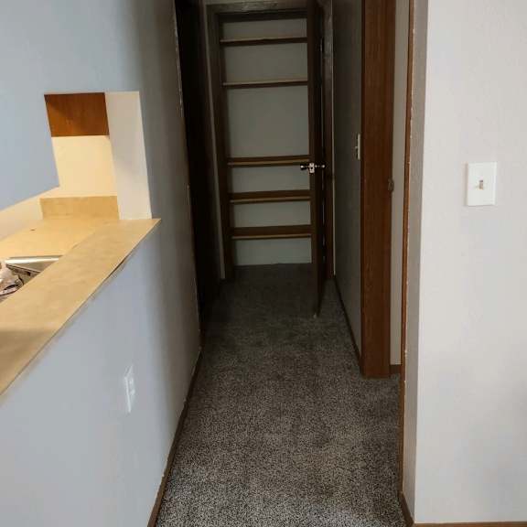 a hallway with a carpeted floor, a white wall, and a wooden door.