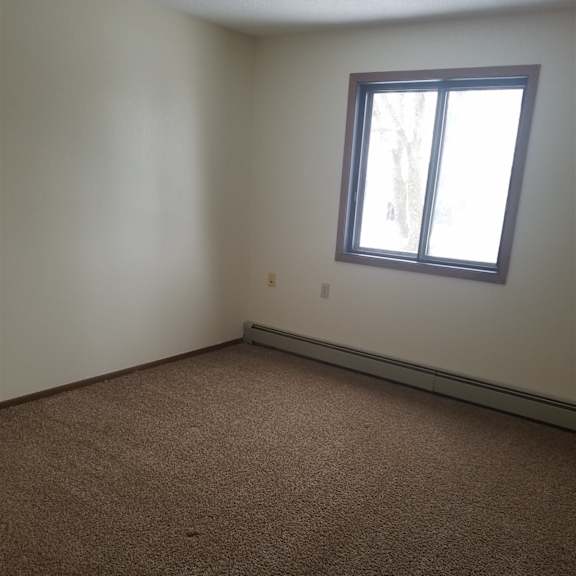 a room with a brown carpet and a window.