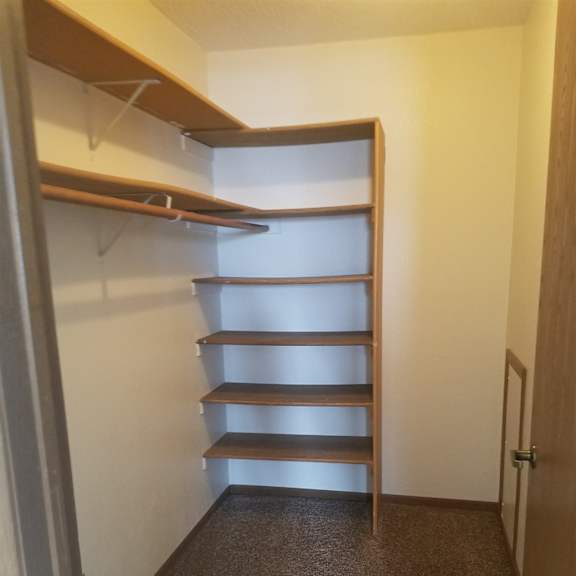 a small closet with a brown carpet and a white door.