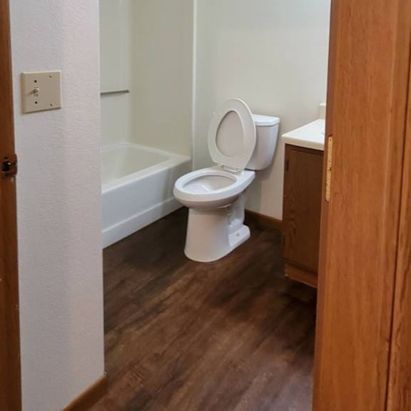 a white toilet sits in a small bathroom.