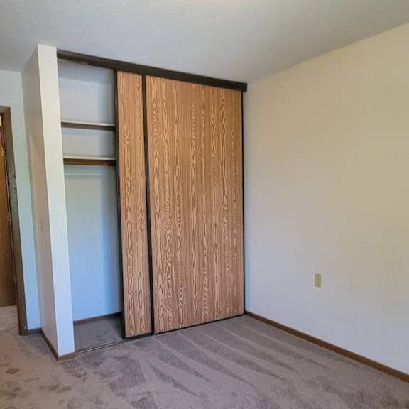 a room with a carpeted floor and a wooden closet.