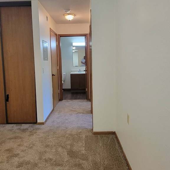 a hallway with a carpeted floor and a door on the left.