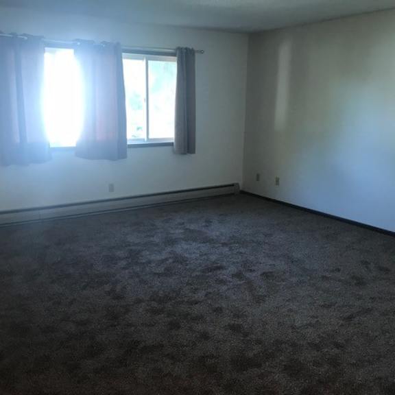 a room with a carpeted floor and a window with curtains.