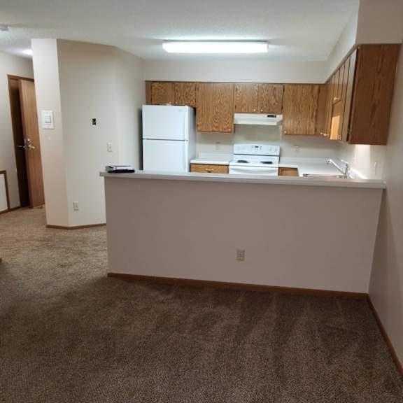 a kitchen with a white fridge and wooden cabinets.