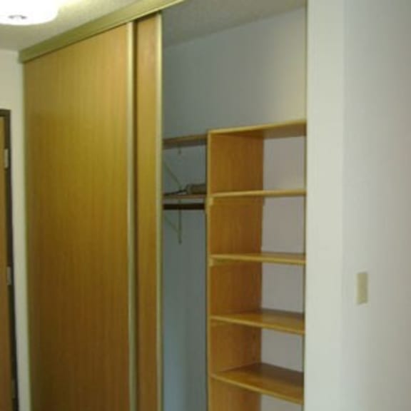 a tall wooden closet with shelves and a glass door.