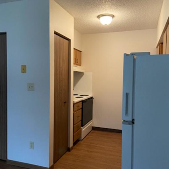 a kitchen with a blue refrigerator and wooden cabinets.