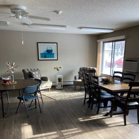 a living room with a dining table and chairs.