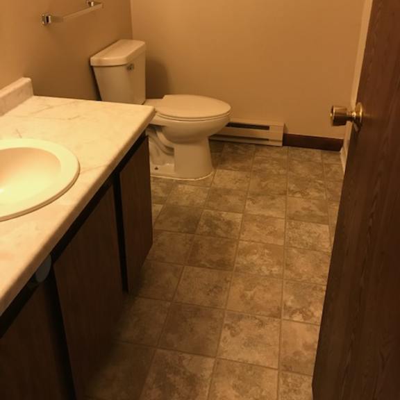 a bathroom with a toilet, sink, and trash can.