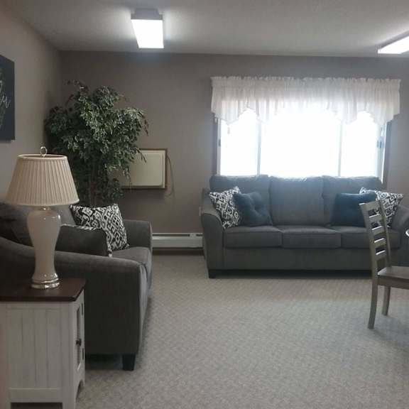 a living room with a grey couch, a lamp, and a plant.