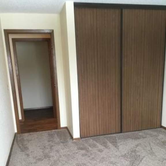 a room with a carpeted floor and a brown wardrobe.