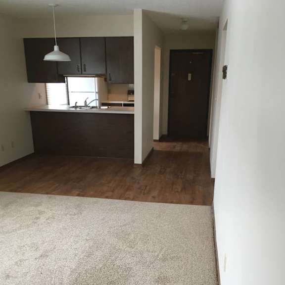 a room with a kitchen area and a hallway.