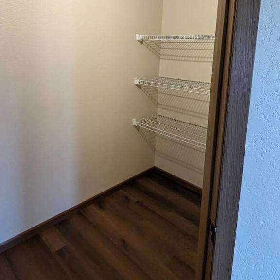 a white closet with shelves and a wooden floor.