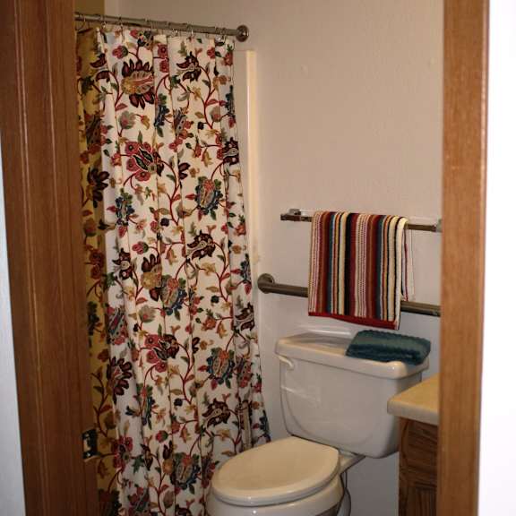 a white toilet with a floral shower curtain in a bathroom.