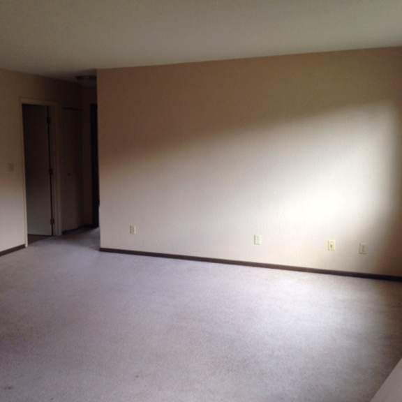 a room with a carpeted floor and a door.