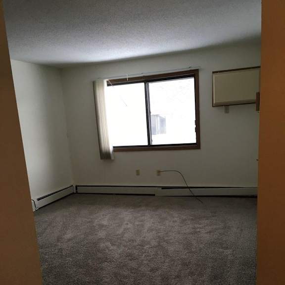 a room with a carpeted floor and a window.
