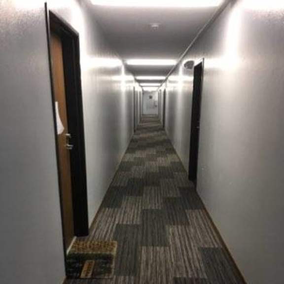 a long hallway with a carpeted floor and doors on both sides.