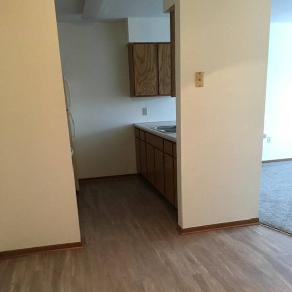 a kitchen with wooden floors and cabinets.
