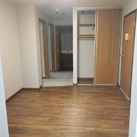 a room with a wooden floor and a white door.
