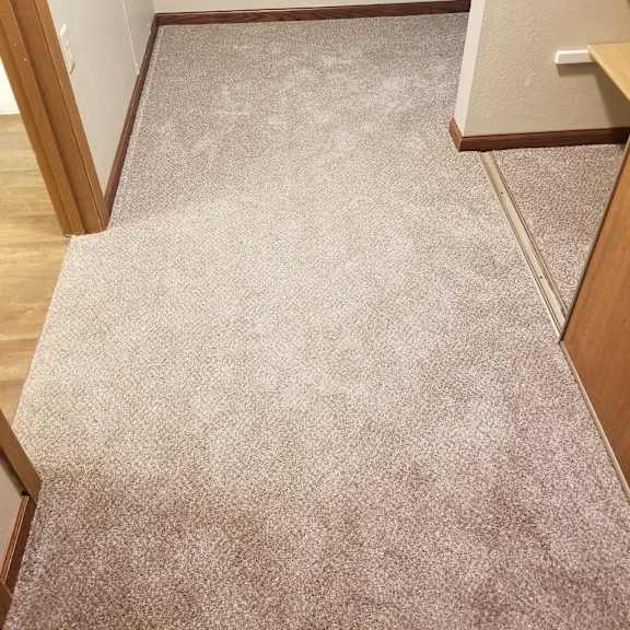 a hallway with a carpeted floor and a wooden door on the left.