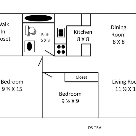 a floor plan of a small apartment with a living room, dining room, kitchen, two bedrooms and a walk-in closet.